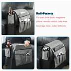 Sofa Armrest Organizer Couch Remote Holder, Sofa Caddy Bedside Organizer Recliner Armchair Accessory for iPad Tablet Phone Magazines in Home Bedroom Office Hotel, 5 Pockets with Font Side Drink Holder