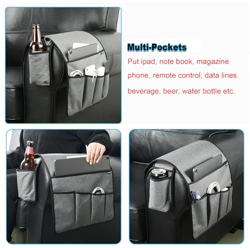 Sofa Armrest Organizer Couch Remote Holder, Sofa Caddy Bedside Organizer Recliner Armchair Accessory for iPad Tablet Phone Magazines in Home Bedroom Office Hotel, 5 Pockets with Font Side Drink Holder