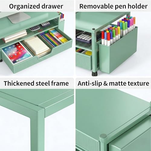ECOLOVI Desk Organizer and Accessories, 2-Tier Computer Monitor Stand Rise with Storage Drawer & 2 Pen Holders, Laptop & Printer Stand for Desktop, Workspace Organizers for Office Supplies (Green) - color: Green