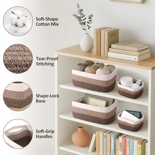 5-Pack Small Woven Rope Storage Baskets – 2 Sizes Organizer Bins for Closet, Shelf, Bookshelf, Nursery, Changing Table, Fabric Cube Boxes, Rectangular Shallow Bins for Bathroom, Toy & Home - color: Gradient Brown