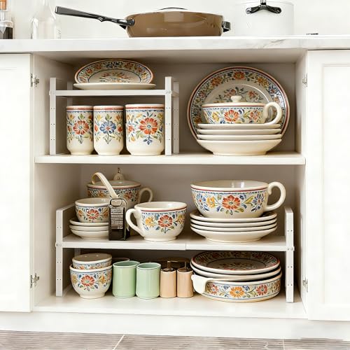 Expandable Cabinet Shelf Organizer Rack, Stackable Kitchen Counter Storage Shelves Stand, Adjustable Height Pantry Shelf Spice Rack(White-1 Pack, 8.7" D x 15.4-26.8" W x 9.8" H) - color: White-1 Pack