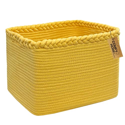 COMFY-HOMI Square Woven Cotton Rope Basket for Organizing, Gift Baskets for Handles, Empty Gift Baskets, Toy Basket for bins|13.5" x 11" x 9.5" home decor for Living Room, Bathroom - color: Yellow, size: 13.5"X11"X9.5"
