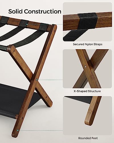 SONGMICS Luggage Rack, Folding Suitcase Stand with Storage Shelf, for Guest Room, Hotel, Bedroom, Heavy-Duty, Holds up to 131 lb, Walnut Brown URLR007D01 - color: Walnut Brown, size: 1 Pack