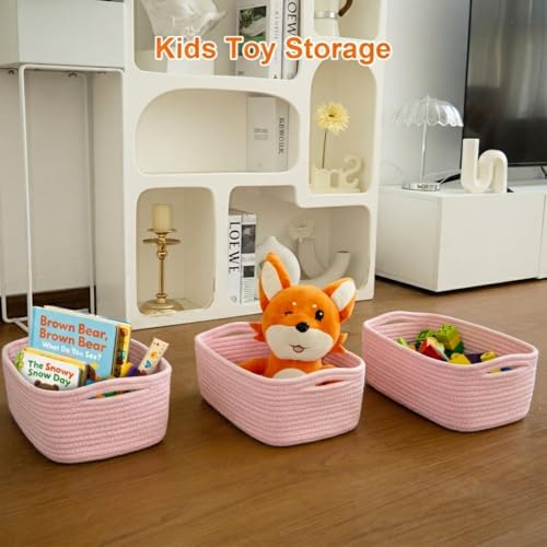 Small Storage Baskets for Organizing, Woven Storage Bins for Shelves, Gift Basket Empty, Cute Decorative Closet Organizer, Baby Rope Basket, Dog Toy Storage, 11x7.5x4.5”, 3Packs Pink - color: Pink, size: S