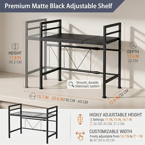 PUSDON Textured Black Microwave Oven Rack, Expandable 2-Tier Kitchen Countertop Organizer, Heavy Duty Carbon Steel Stand with 3 Hooks, Adjustable Height & Length - color: Textured Black, size: H-frame 2 tier