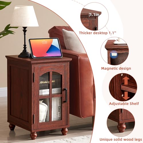 Narrow Side Table Set of 2,Farmhouse Nightstand with Charging Station,End Table with Glass Barn Door Storage, Cabinet Organizer with Adjustable Shelf, Night Stand for Small Spaces Living Room Bedroom - color: Red Oak, size: Set 2