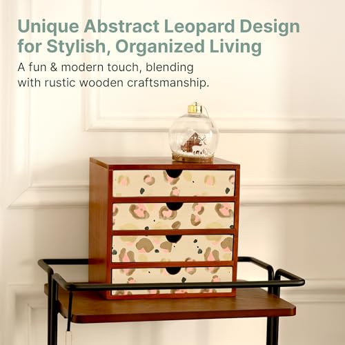 Leopard Print Wooden Desk Organizer - Animal Pattern 4-Drawer Desktop Storage - Modern & Rustic Wood Cabinet for Office Supplies, Craft Tools, & Home Organization - Artistic Drawer Unit - color: Earth and Pink Leopard