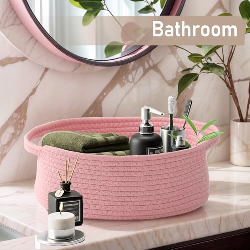 JMvicyroam Woven Basket,Small Rope Storage Bin with Handles & Ribbon Bag, Organizer for Shelves Closets,Gift Basket Empty for Birthday,Books,Dog Toys, Pink/2 Pack - color: Pink, size: 2 Pack