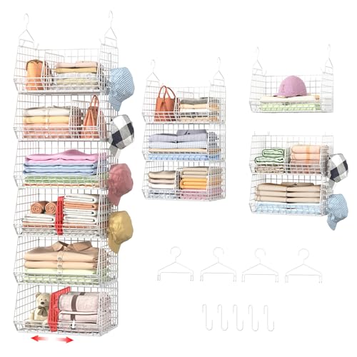6 Tier Extra Large Hanging Closet Organizer, Closet Storage Hanging with Dividers, Wire Closet Shelf with 5 S Hooks 4 Dividers,Sweater Handbag Hat Accessory Storage Hanger,White - color: White, size: 6-Tier