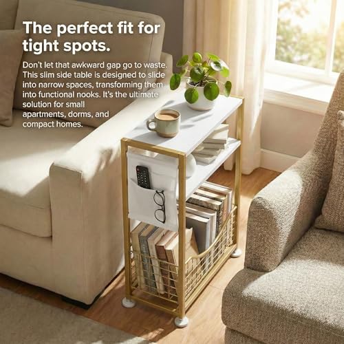 Skinny Side Table with Storage, 3 Tier Slim Side Tables for Small Spaces, Skinny End Table Narrow Bedside Table Narrow Side Table for Living Room, Bedroom - color: White Gold