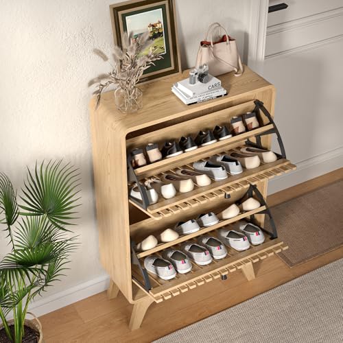 Jluomei Narrow Shoe Cabinet Storage for Entryway, Modern Cabinet Rack with 2 Flip Drawers, Slim Wood Fluted Entry Way Shoe Organizer, Wooden, Small, Farmhouse, Freestanding, Natural Oak (39.4 Inch) - color: Natural