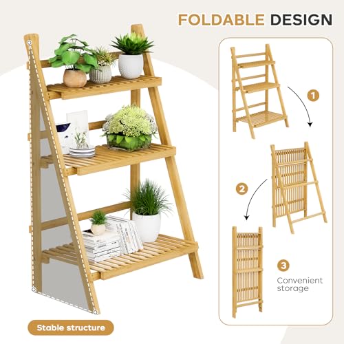 Foldable Ladder Shelf 39.4", Plant Shelf 3 Tier, Bamboo Ladder Flower Pot Display Shelf, Freestanding Ladder Bookshelf for Living Room, Balcony, Yard, Garden, 23.6"W x 15"D x 39.4"H, Natural - color: 3-tier Natural