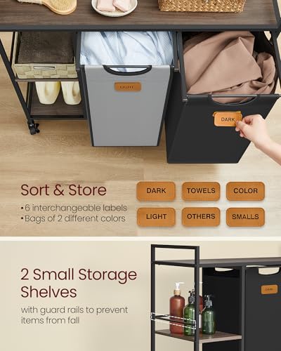 VASAGLE Laundry Hamper with 2 Compartments, 26.4 Gal. (100 L) Laundry Sorter, Rolling Laundry Cart with Shelves, Removable Liners, 6 Labels, Chestnut Brown, Ink Black and Dove Gray UBLH311B02
