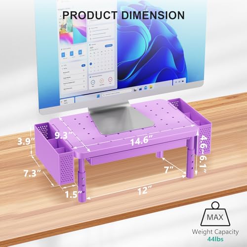 WALI Computer Monitor Stand with Storage, Desk Organizer with Drawer and Pen Holder, Desk Monitor Riser 3 Height Adjustable, Laptop Riser for Laptop, Printer (PTT003-V), 1 Pack, Violet - color: Violet, size: with Drawer and Pen Holder