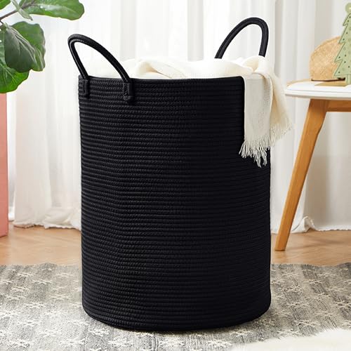 60L Black Woven Cotton Rope Laundry Hamper Basket for Clothes Tall Modern Blanket Storage Basket in Living Room Bedroom 15Dx20H inches - color: Black, size: Large (60L)