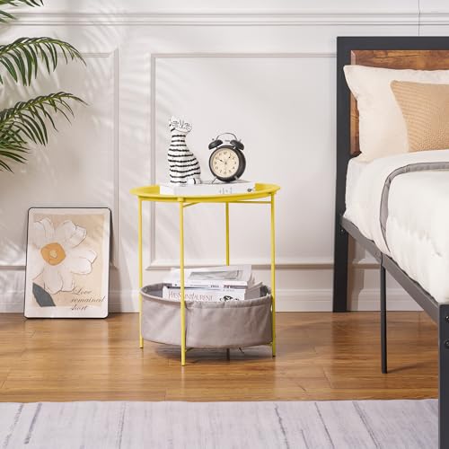VECELO Round Side/End Table with Fabric Storage Basket，Metal Anti-Rust and Waterproof Small Bedside Nightstand with Removable Tray Top for Living Room，Balcony & Laundry，Yellow /1pcs with Basket - color: Yellow, size: 1 PCS with Basket