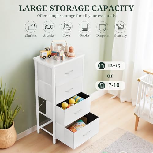 Nightstand, 4 Drawer Dresser End Table Bedside Furniture with Wooden Top Steel Frame Fabric Bins for Bedroom, Closet, Entryway, Dorm, Living Room, White - color: White, size: 11.8"D x 17.7"W x 37.4"H (4 Drawers)