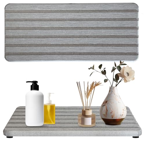 2PCS Fast-Dry Diatomite Sink Tray Set, Ultra Absorbent Soap Holder & Coaster with Non-Slip Feet & Grooved Design, Bathroom Kitchen Countertop Organizer, 8.3x4 Inches (Grey)