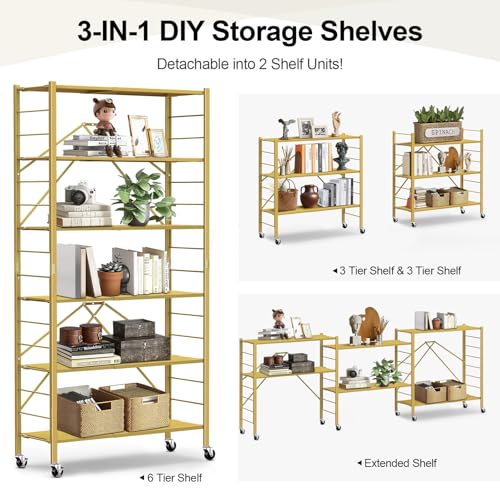 Himix 6 Tier Foldable Storage Shelves, Expandable Folding Bookshelf with Wheels, Changeable into 2 Shelf Units, Collapsible Adjustable Storage Rack Metal Shelves for Garage Kitchen, Basement, Gold - color: Gold, size: 6-Tier