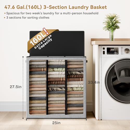 SOLEDI 160L Laundry Hamper 3 Section, Extra Large Laundry Hamper with Lid, Dirty Clothes Hamper with Sturdy Handle, Large Laundry Basket Organizer for Laundry Room, Bedroom, Hampers for Laundry - color: Grey, size: 160L