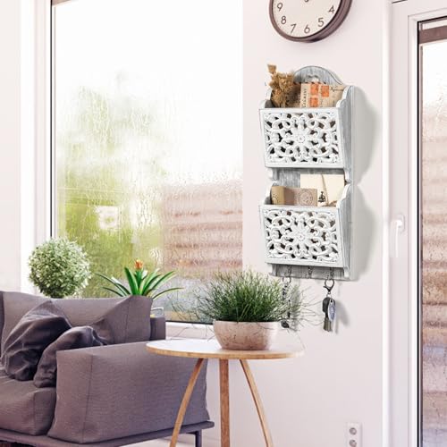 Key and Mail Holder for Wall Mail Holder for Wall, 2-Slot Mails Organizer with 3 Hooks, Key Hangers Rustic Wooden Walls Organizers for Letter Magazines - size: Small