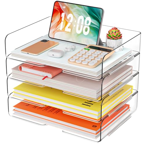 YKLSLH 4 Trays Paper Organizer Letter Tray - Acrylic Desk File Organizer, Stackable Clear Paper Holder Sorter Office Organizer for Letter/A4, Office File Ipad Books Notes Etc - color: 4 Tier-horizontal