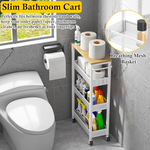 OKZEST Utility Slim Storage Cart, 4 Tier Small Rolling Kitchen Laundry Room Cart with Wood Top, Metal Narrow Bathroom Storage Cabinet Mobile Shelf Unit Organizer Trolley with Handle for Narrow Space - color: White, size: 7.1 Inch Wide