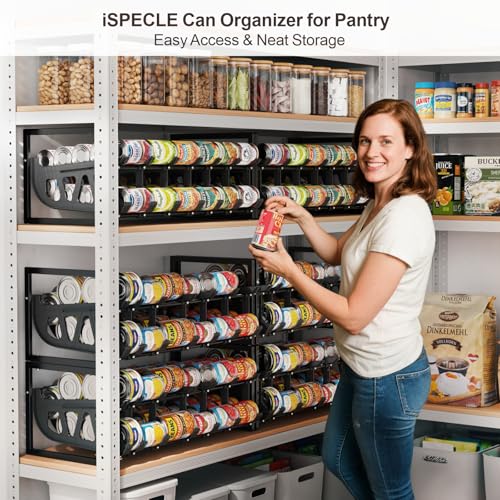 iSPECLE Expandable Can Organizer for Pantry, Large Capacity 60 Cans Can Storage Organizer Pantry Rack, Auto Rolling Dispenser & Stackable Metal Wire Holder for Deep Pantry Shelves, Black - color: 60 Cans, Black