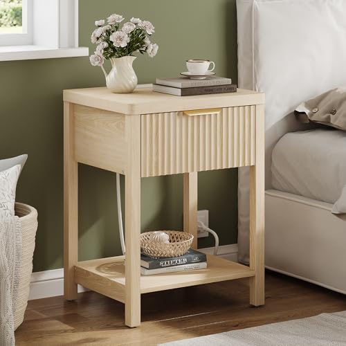 Lulive Fluted Night Stand with Drawers, Fluted Nightstand with Charging Station, Wood Modern Bedside End Table with Storage Drawer for Bedroom, Save Space (Set of 1, Natural Oak) - color: Natural Oak, size: 1 Drawer-Set of 1 Nightstand