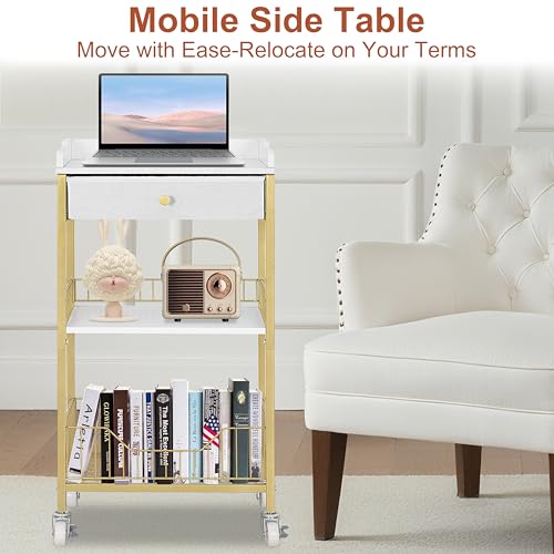 Gold & White Side Table with Storage Basket, Tall End Table with Drawer, 4-Tier Bathroom Storage Shelf with Optional Wheels, Nightstand for Dorm, Living Room, Bedroom - color: Gold With White