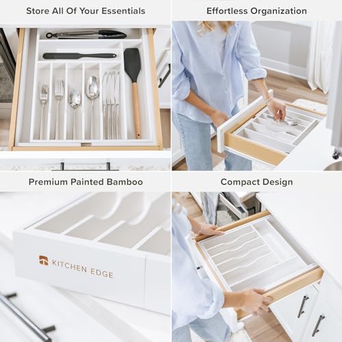 KitchenEdge Premium Silverware, Flatware and Utensil Organizer for Kitchen Drawers, Food-Safe Contract Grade, Expandable from 14.5 to 25 In, White Bamboo - color: White Bamboo, size: From 14.5" to 25" wide