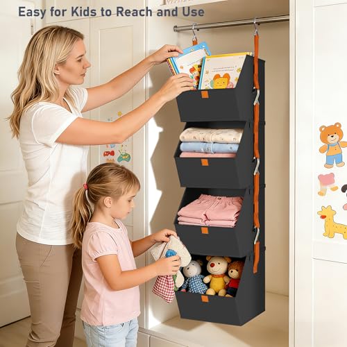 DIMJ Hanging Closet Organizer - 4 Tier Collapsible Hanging Shelves with Hooks Zipper, Fabric Clothes Organizer, Space-Saving Storage Bin Basket for RV, Bedroom, Laundry Organization - color: Black, size: 4 Pack