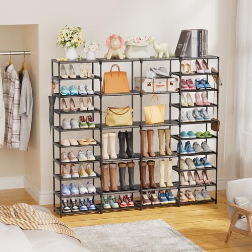 Ekisemio Large Shoe Rack Organizer for Entryway Closet 72-80 Pairs 10-Tier Heavy Duty Tall Garage Shoe Rack Shoe Shelf Shoes Storage with Removable Side Hooks for Bedroom and Garage, Black - size: 4 Row 10 Tiers