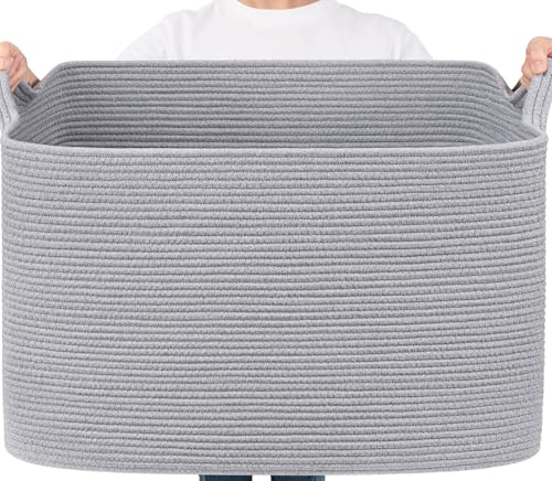 Goodpick 105L Extra Large Blanket Basket 25" x 16" x 16" Cotton Rope Storage Bins for Dirty Clothes, Rectangle Woven Laundry Basket for Living Room Bedroom, Toy Storage Baskets for Kids, Gray - color: Grey, size: XX-Large(25"L x 16"W x 16"H)