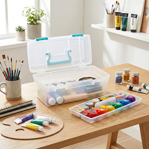 ArtBin 6937AG Essentials Lift-Out Tray Box, Portable Art & Craft Organizer with Handle and Tray, Clear/Aqua - color: Aqua Mist Latches
