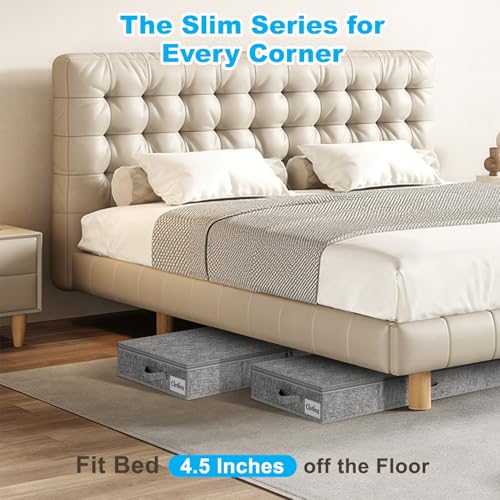 Under Bed Storage Container Bin 4 Pack, 4.5 Inch Slim Low Profile Underbed Clothes Storage Organizer for Dorm & Home, Use for Blanket and Toy Storage Box W/ Sturdy Bottom/Sides, Foldable Thick Fabric - color: Grey-4 Pack, size: 4.5in-Slim
