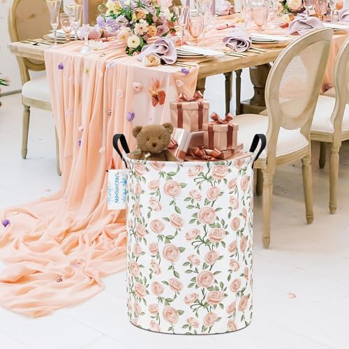 LANGYASHAN Laundry Basket Canvas Fabric Collapsible Organizer Basket for Storage Bin Toy Bins Gift Baskets Bedroom Clothes Children Nursery Hamper (Rose) - color: Round Champagne Rose
