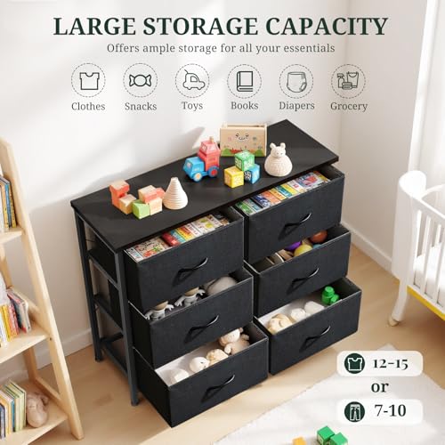 6-Drawer Dresser for Bedroom, Anti-Tip Wide Storage Organizer Chest of Drawers with Wooden Top and Metal Frame Fabric Bins for Closet, Living Room, Hallway, Entryway, Black - color: Black, size: 11.8"D x 31.5"W x 31.5"H (6 Drawers)