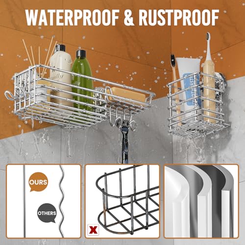 LEVERLOC Shower Caddy Suction Cup, 3 Pack Heavy Duty Bathroom Organizer For Inside Shower With Hooks & Soap Holder, Removable Bathroom Organizer, Rustproof Silver Holder Storage,Silver - color: 3 × Silver