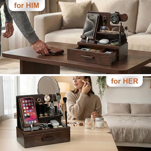 TESLYAR Wood Phone Docking Station with Drawer - Nightstand Organizer - Desk Organizer for Husband - Birthday Gifts for Men, Dad, Anniversary, Key Holder Stand Watch, Accessories (Chocolate Brown) - color: Chocolate Brown