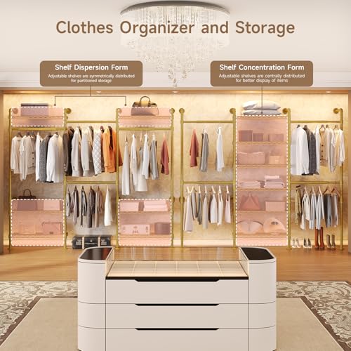 Wall Mounted Garment Rack, Walk-in Closet System with Expandable Rods, Adjustable Shelves, Industrial Pipe Clothing Racks, Hanging Clothes Organizers and Storage, Metal Closet Shelving Wardrobe - color: Gold