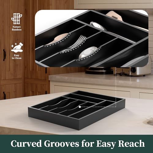 Bamboo Silverware Organizer, Kitchen Drawer Organizer, Utensil Holder, Cutlery Tray & Spoon Flatware Storage with Grooved Drawer Dividers (Black, 12.5''W x 16.5''D) - color: Black, size: 12.5''W x 16.5''D
