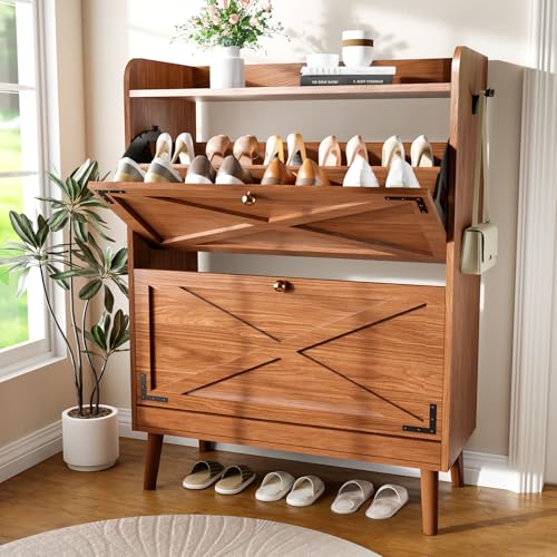 Shoe Storage Cabinet with 2 Flip Drawers, Entryway Shoe Cabinet with 2 Metal Hooks & Adjustable Shelves Freestanding Shoe Organizer Narrow Shoe Rack for Entrance Hallway Foyer Front Door,Walnut - color: Walnut