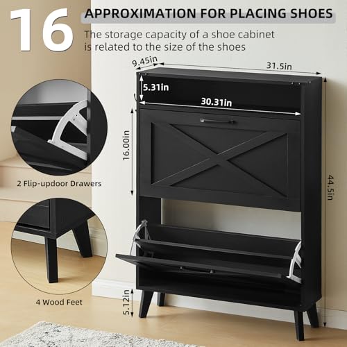 Joaxswe Shoe Cabinet Storage for Entryway with 2 Flip Drawers 2 Hook Open Storage Layer Rack Narrow Organizer Slim Hidden Wood Shoe Cabinet Furniture Black - color: Black
