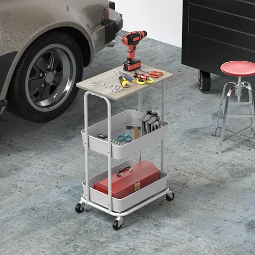 Simple Houseware 2-Tier Rolling Utility Cart with Lockable Wheels and Wood Top, Metal Storage Organizer Trolley for Kitchen, Bathroom, Office, Craft Room, Maple - color: Maple
