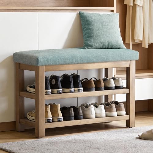 Zihanhome 2 Tier Shoe Rack Bench with Cushion, Solid Wood Shoe Benches, Mid-Century Modern Shoe Storage Bench for Entryway, Hallway, Living Room, Closet, Front Door Entrance, (Teal, 31.5") - color: Teal, size: 31.5"