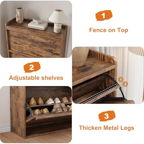 GarveeHome Shoe Cabinet with 3 Flip Drawers, Wooden Shoe Organizer Cabinet with Adjustable Shelf, Shoe Storage for Entryway, Hidden Shoe Cabinet for Hallway, Living Room, Rustic Brown - color: Rustic Brown, size: 3-Drawers