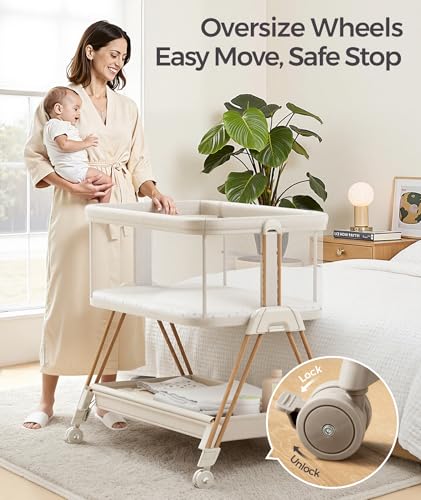 Fodoss Baby Bassinets Bedside Sleeper - 3-in-1 Baby Bassinet with Wheels, Soft Mattress, Storage Tray, Full-Mesh Sides, 7-Height Adjustable Crib for Newborns - color: Beige Tweed+wood Grain