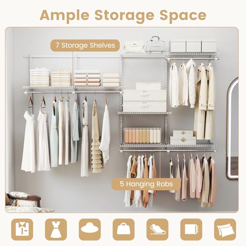 Giantex Closet Organizer System, 4-8 FT Wall-Mounted Closet Shelves and Rod, Adjustable Closet Organization w/ Hanging Rod, DIY Expandable Modular Metal Wire Shelving for Laundry Bedroom (White) - color: White, size: 96"x14"x47.5"