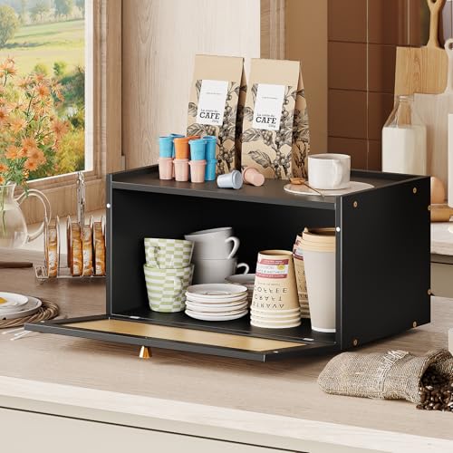 Trironsun Rattan Bamboo Bread Box for Kitchen Counter Large Capacity Bread Storage Bin Farmhouse Bread Storage Container Rustic Bread Holder (Black) - color: Black